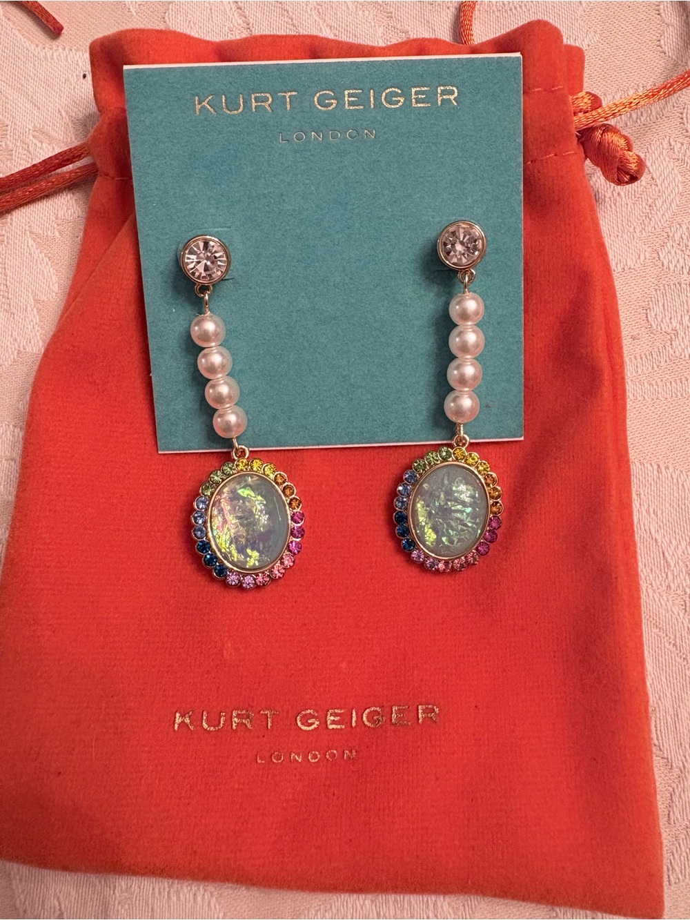 Kurt Geiger London Regency Droplet Pearl & Rainbow Crystal Earrings - NWT